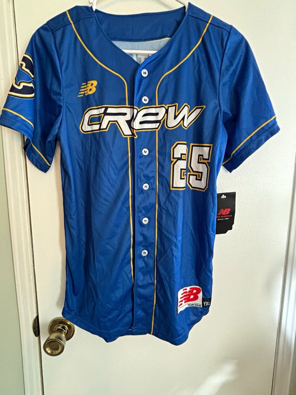 New Balance Boys Youth XL Baseball Button-Up Jersey Blue Yellow White #25